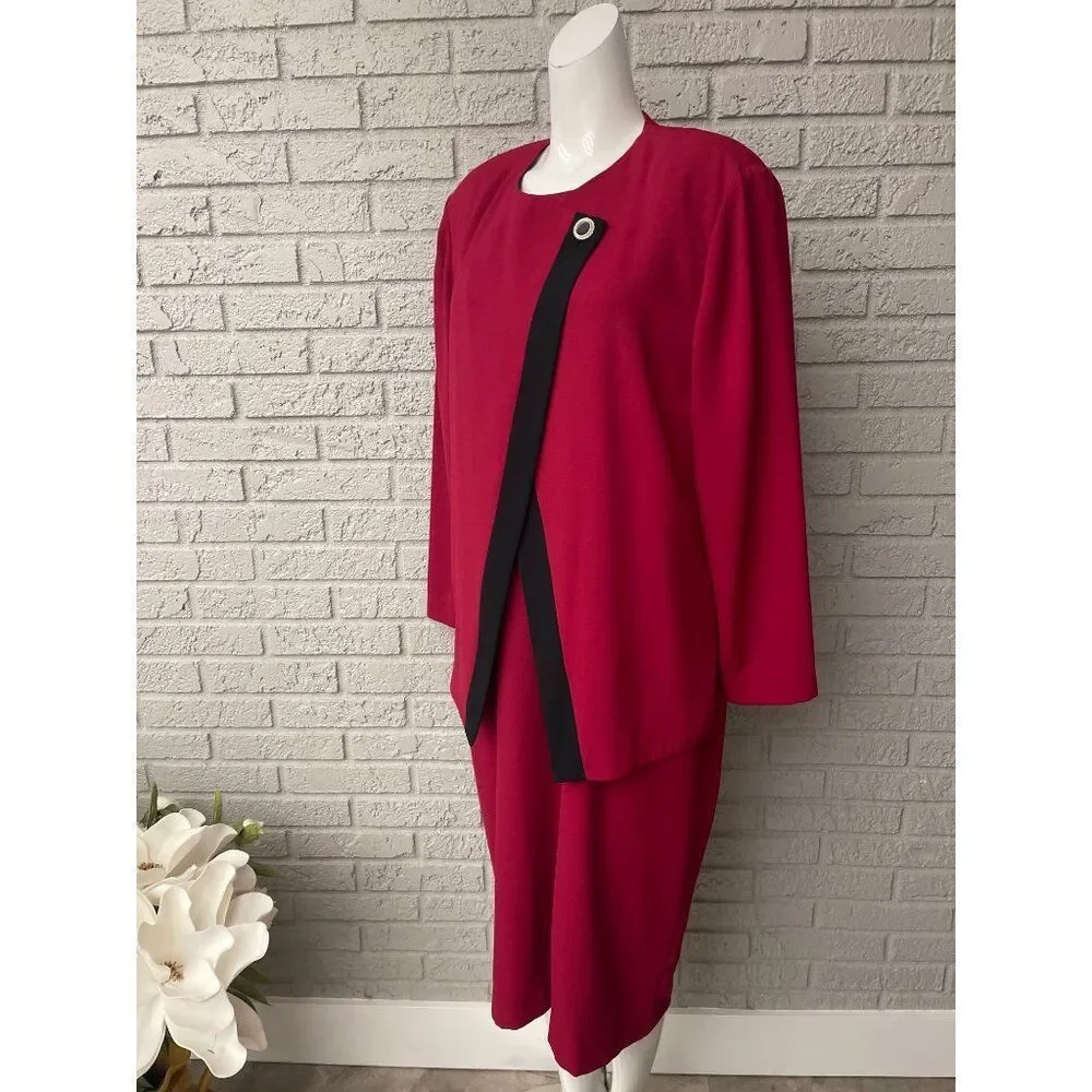 Leslie Fay Women Short Sleeve Red Dress With Asymmetric Trim Jacket 2 Pcs Set Si